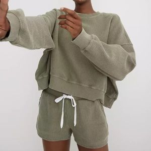 aerie new love corded cropped crew sweatshirt & shorts SET